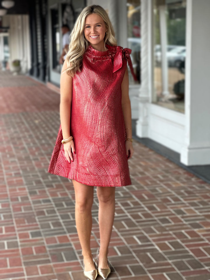 Ruffle Tie Neck Textured Jacquard Mini Dress in Burgundy