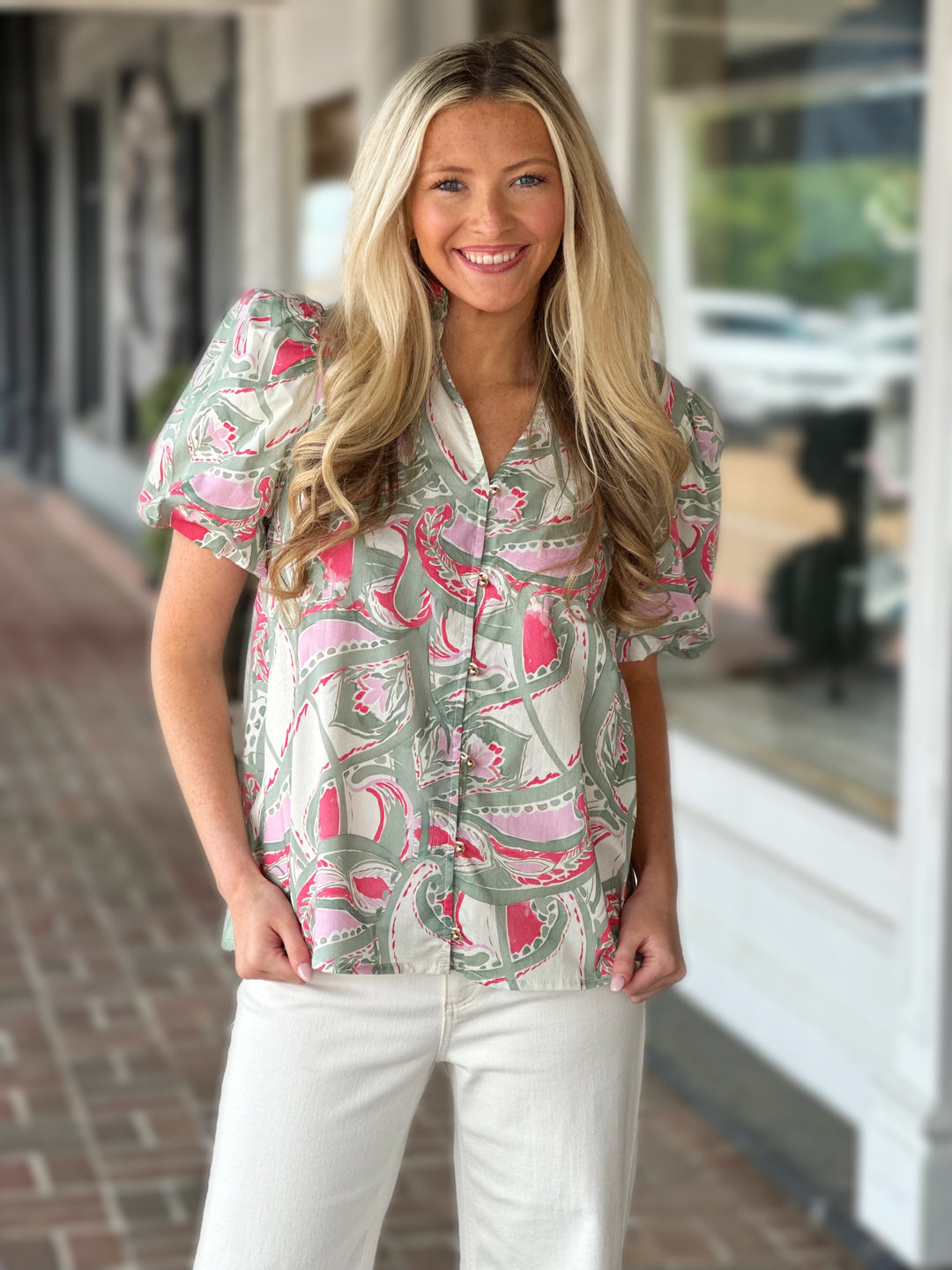 Printed Puff Sleeve Top in Pink Multi