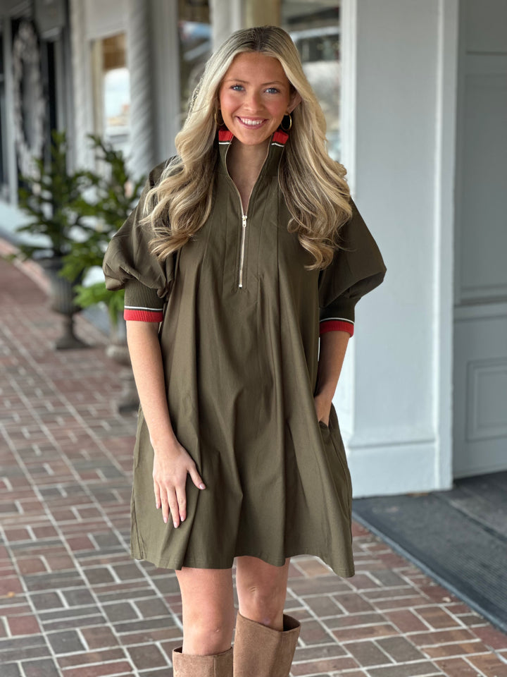 Mock Neck Band Puff Sleeve Dress in Olive