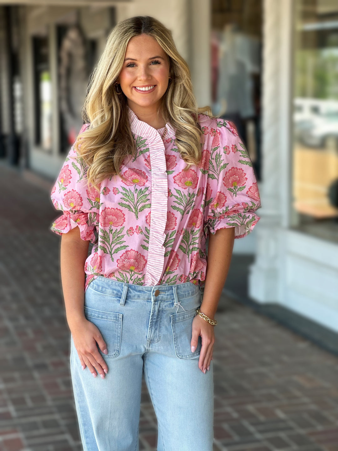 Pink Floral Print Short Puff Sleeve Top
