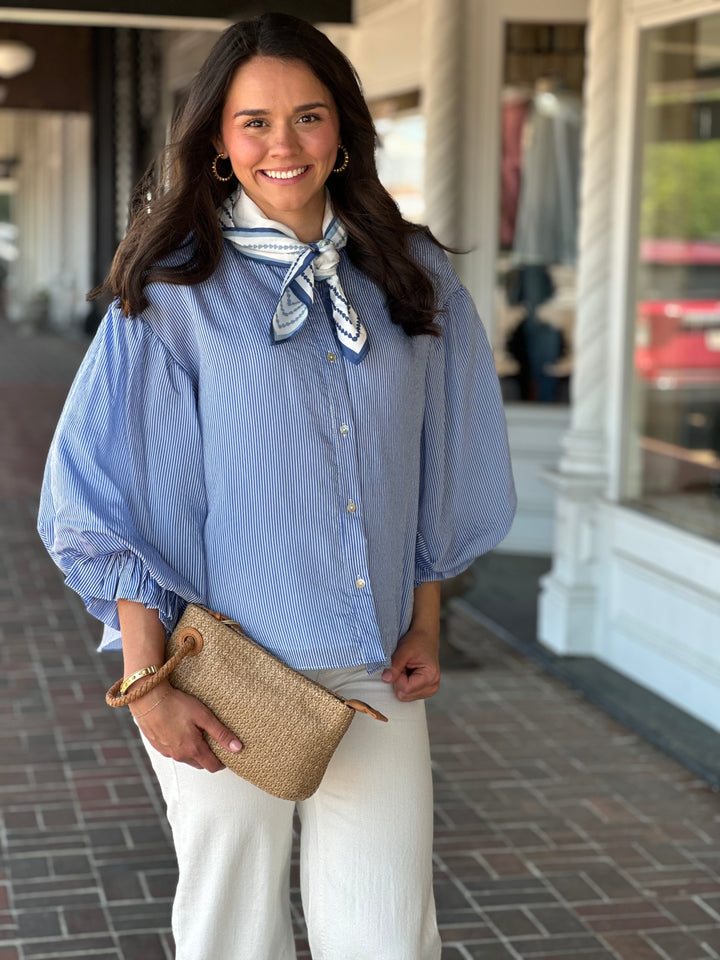 Blue Pinstripe Bubble Sleeve Top