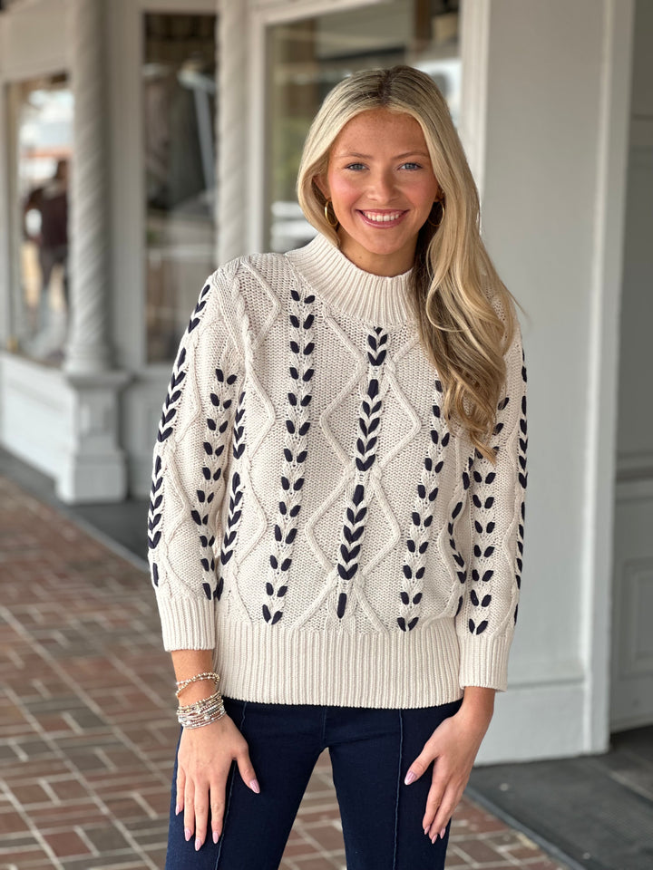 Tribal Cable-Knit 3/4 Sleeve Mock Neck Sweater in Moonstone