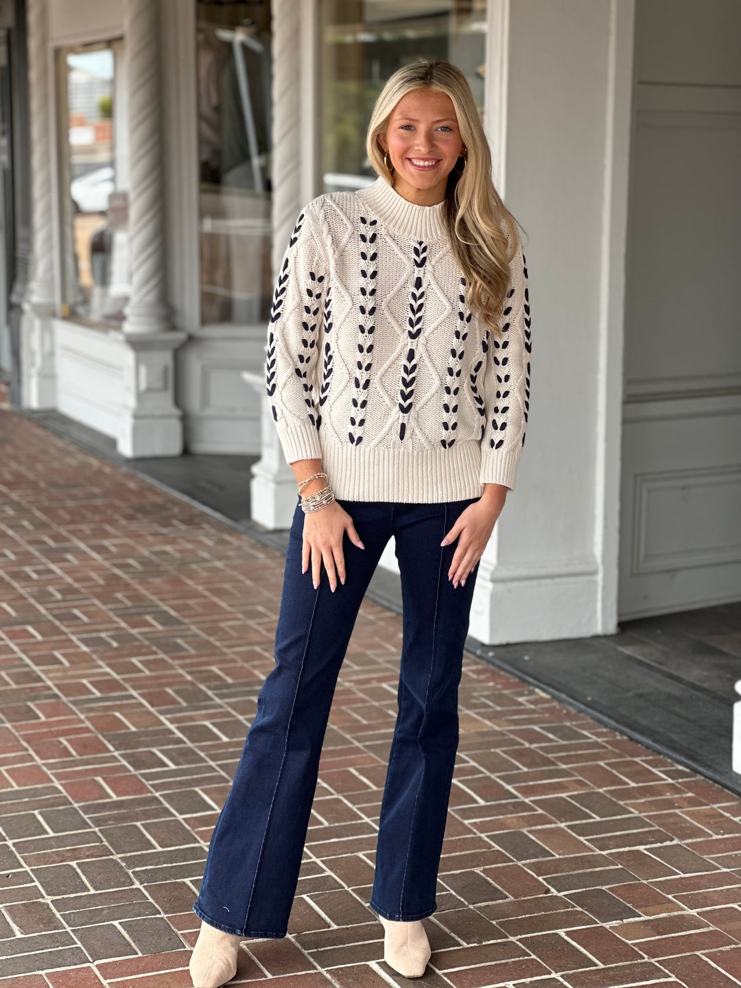 Tribal Cable-Knit 3/4 Sleeve Mock Neck Sweater in Moonstone