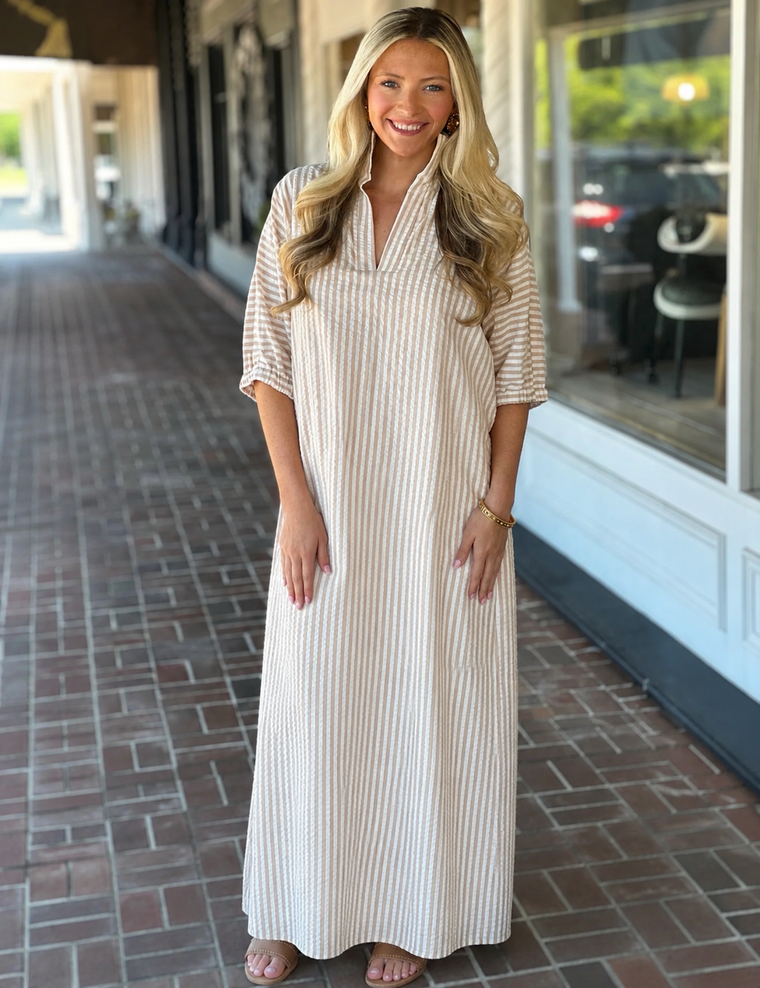 Adrienne Charlotte Dress in Almond Seersucker