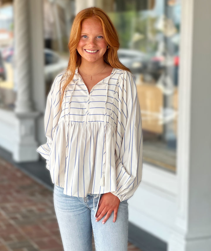 Tie Front Striped Long Sleeve Blouse in Blue