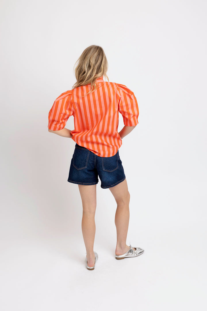 Coral Stripe Button Down Top