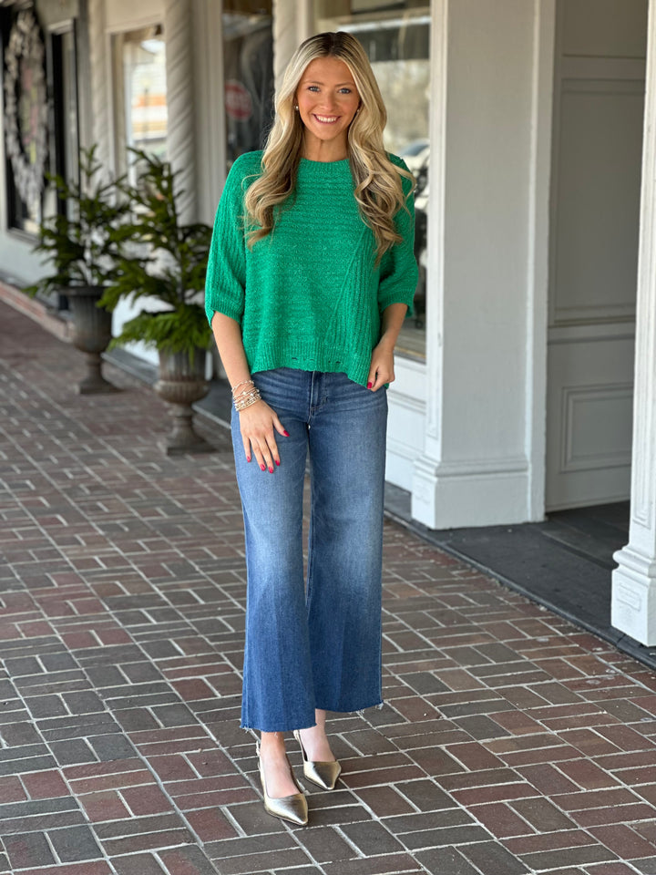 Ribbed Relaxed Sweater Top in Green