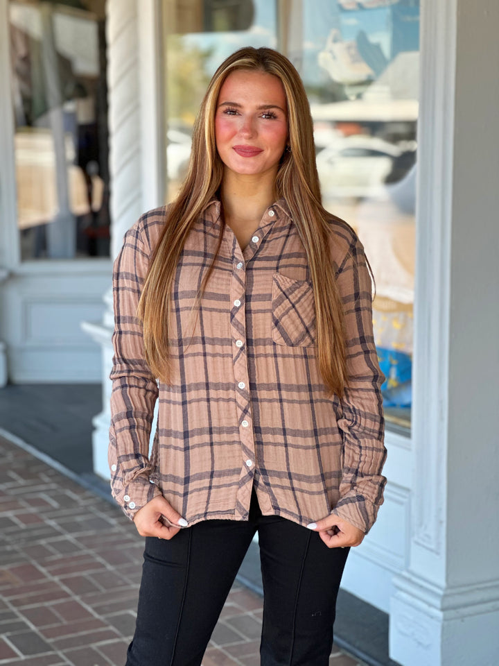 Dylan Taylor Plaid Top in Taupe