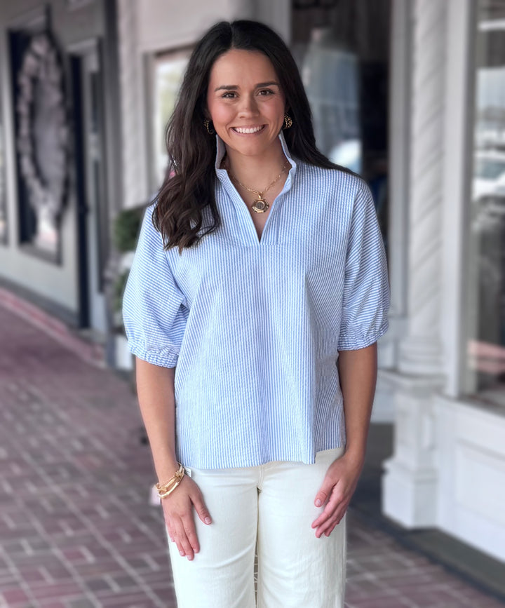 Sloan Stand Collar Top in Sky Seer Pinstripe