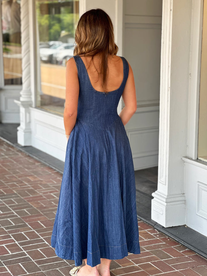 In The Moment Denim Sleeveless Maxi Dress