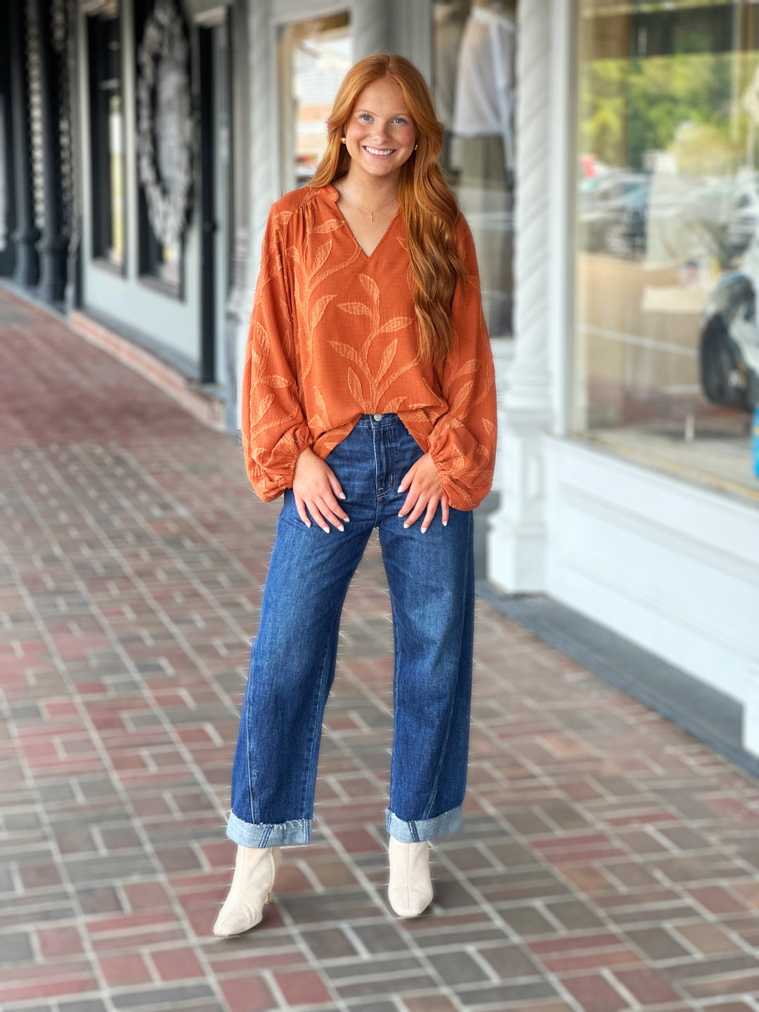 Textured Long Sleeve Top in Rust