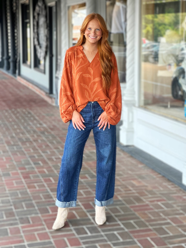 Textured Long Sleeve Top in Rust