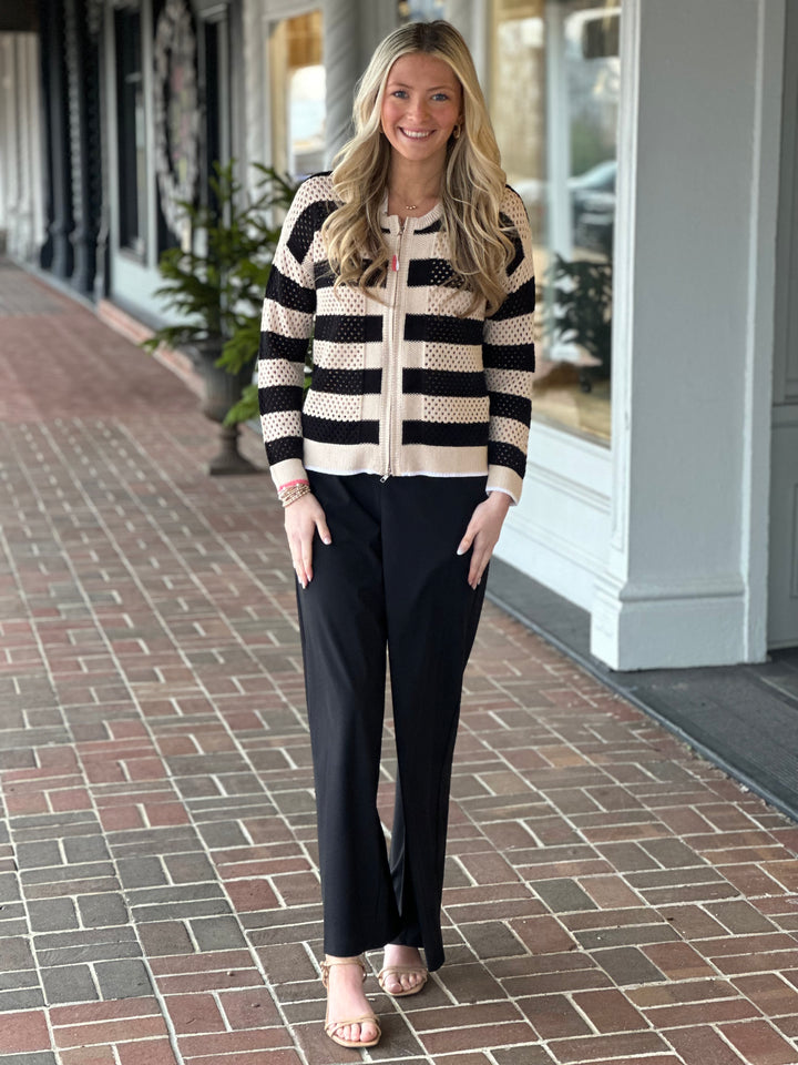 Spring Black Stripe Canvas Zip Cardigan