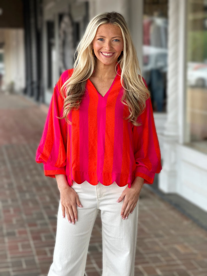 Pink Red Stripe Short Sleeve Top
