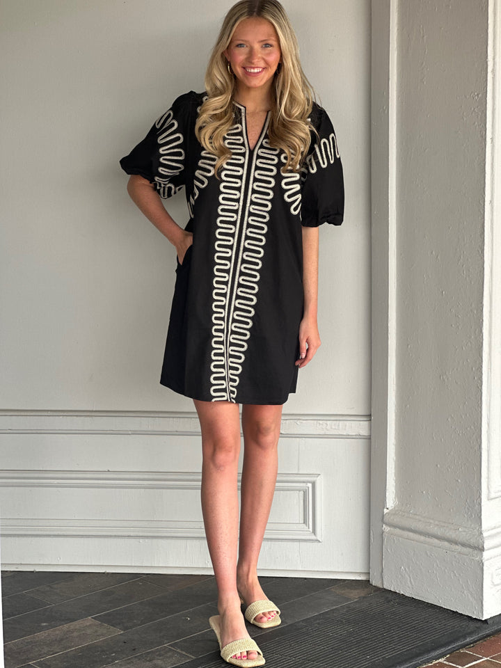 Puff Sleeve Embroidered Dress in Black