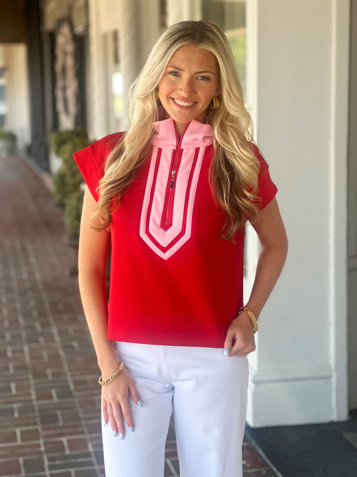 Red Zippered Solid Cap Sleeve Top