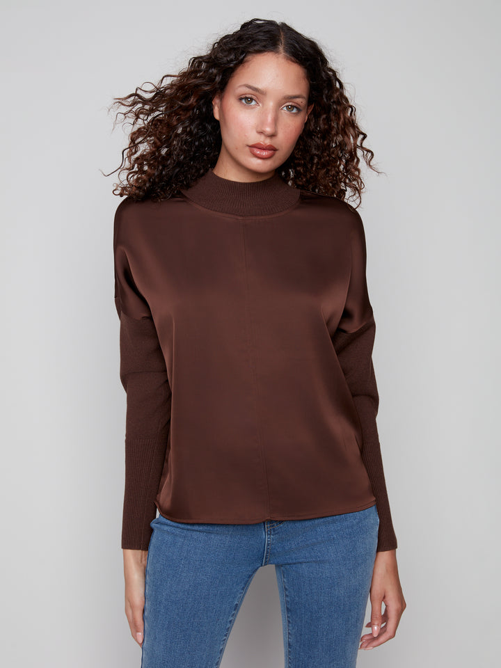 Charlie B Mock-Neck Satin Knit Sweater in Mocha