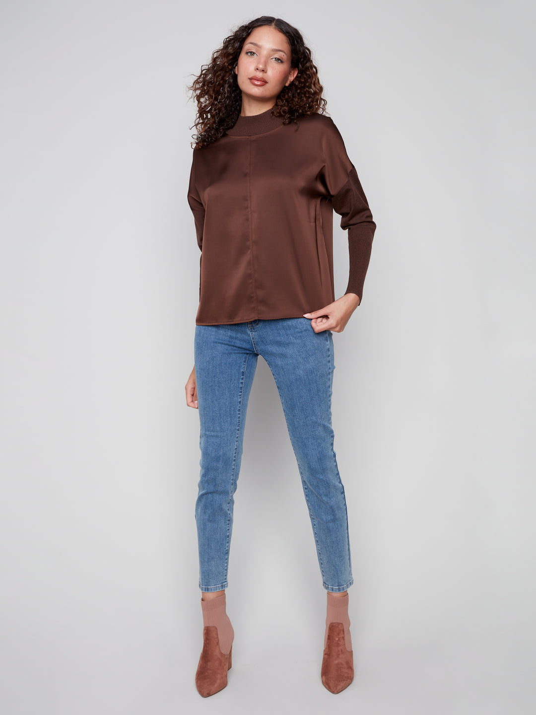 Charlie B Mock-Neck Satin Knit Sweater in Mocha