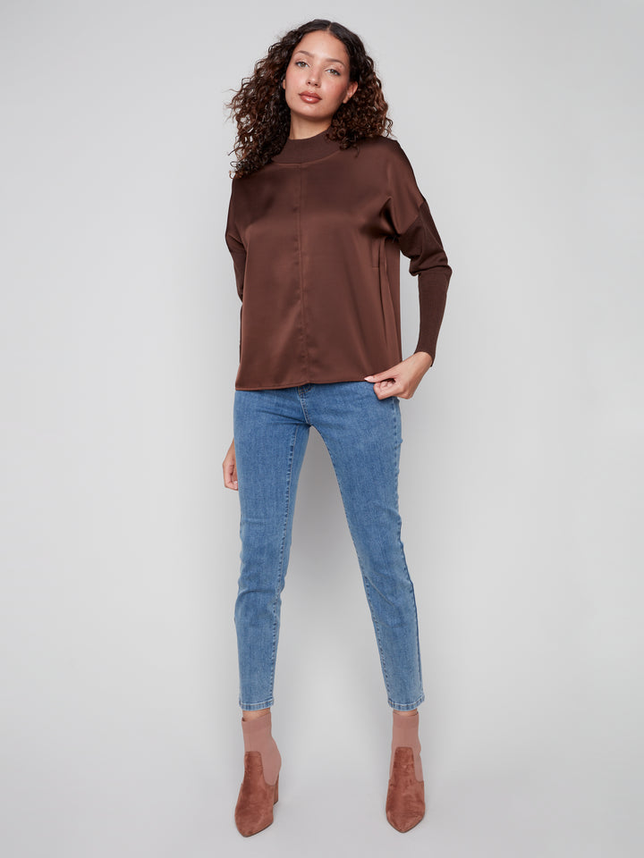 Charlie B Mock-Neck Satin Knit Sweater in Mocha