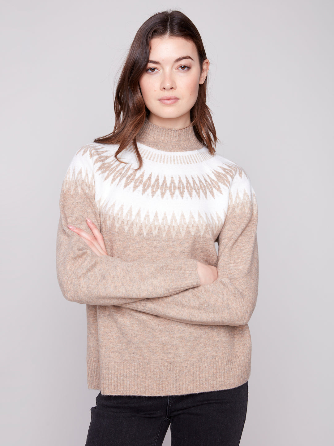 Charlie B Jacquard Mock Neck Beige Sweater