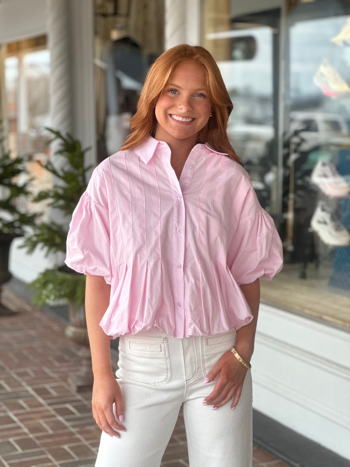 Pink Pleated Bubble Hem Button Down Top