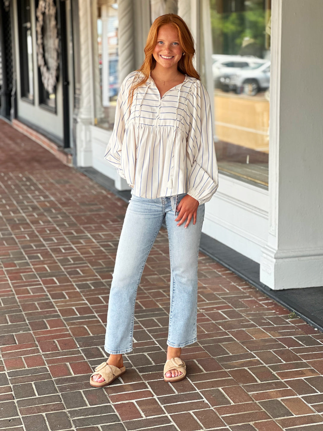 Tie Front Striped Long Sleeve Blouse in Blue