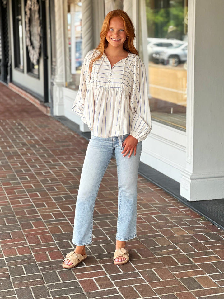 Tie Front Striped Long Sleeve Blouse in Blue