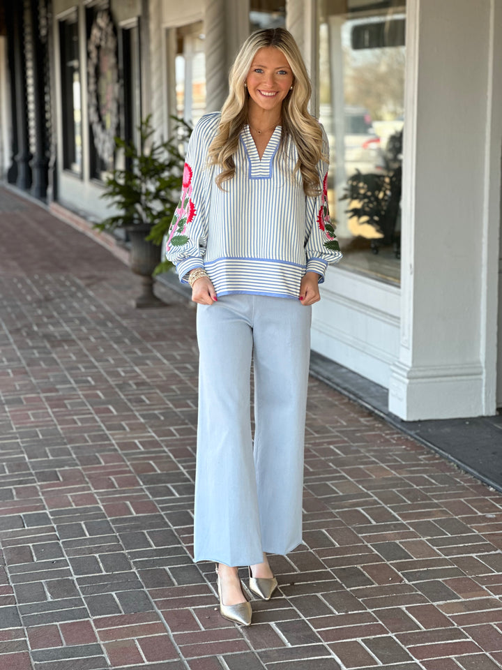 Stripe Puff Sleeve Floral Top in Blue