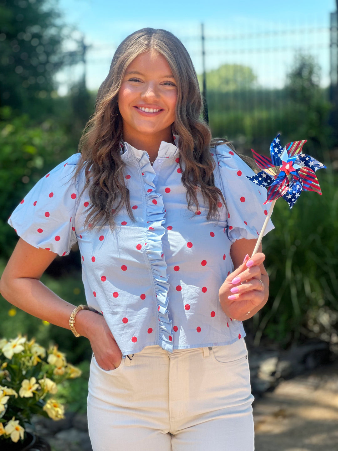 Polka Dot Ruffled Button Down Top in Skyblue