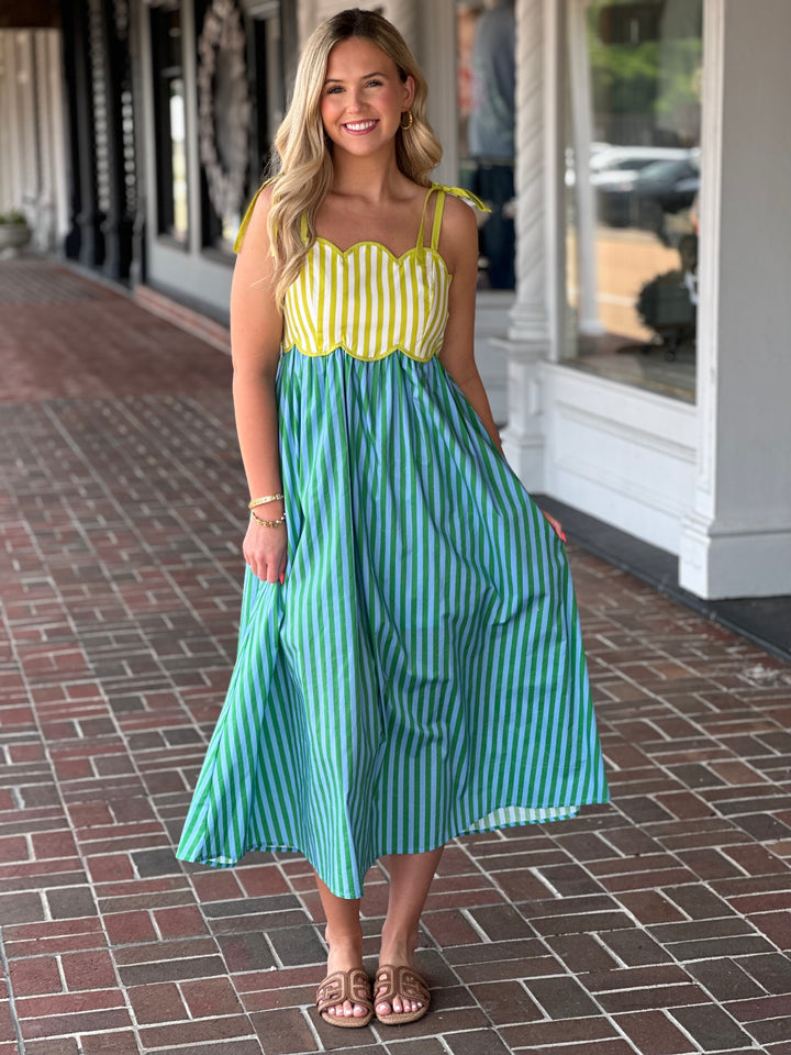 Kiwi Green Striped Sleeveless Midi Dress