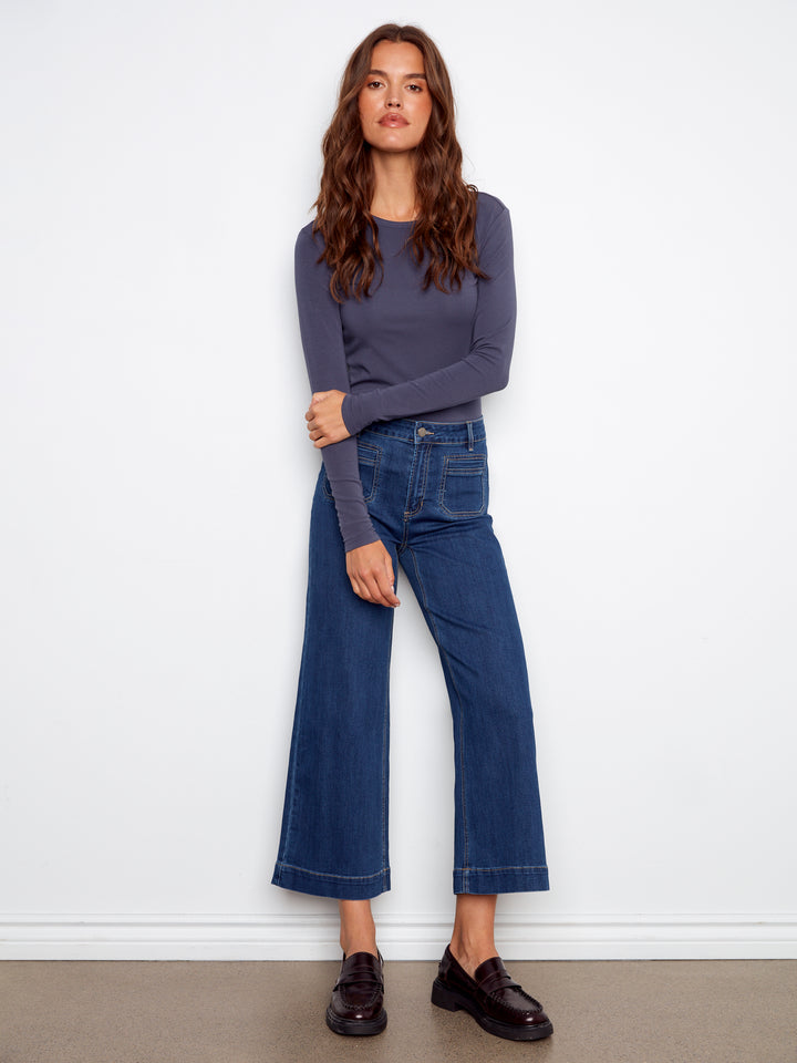 Charlie B Cropped Patch Pocket Jeans in Medium Blue