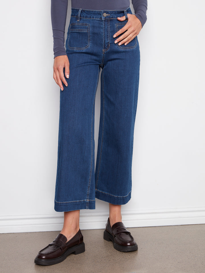 Charlie B Cropped Patch Pocket Jeans in Medium Blue