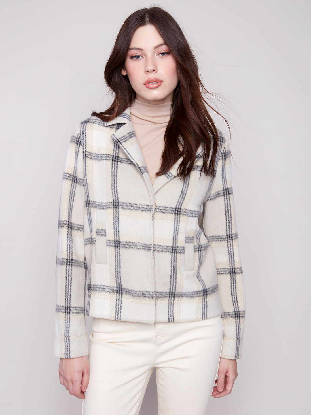 Charlie B Boucle Knit Plaid Beige Jacket