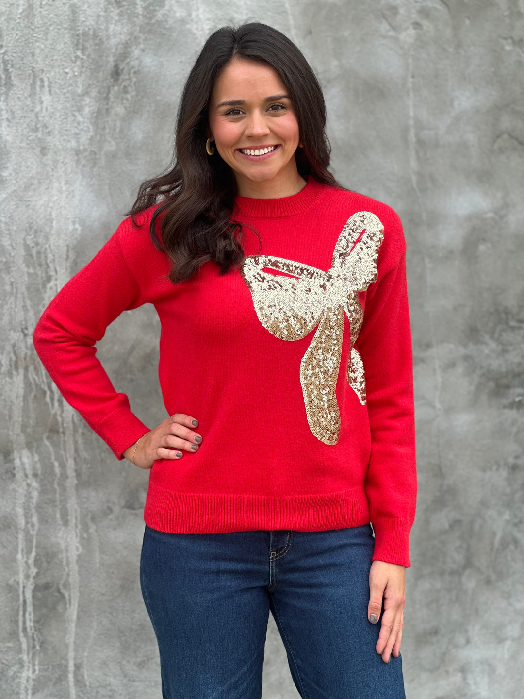 Big Sequins Ribbon Christmas Holiday Sweater Top in Red