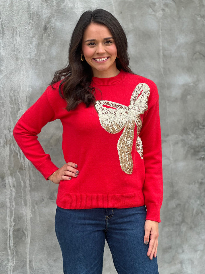 Big Sequins Ribbon Christmas Holiday Sweater Top in Red