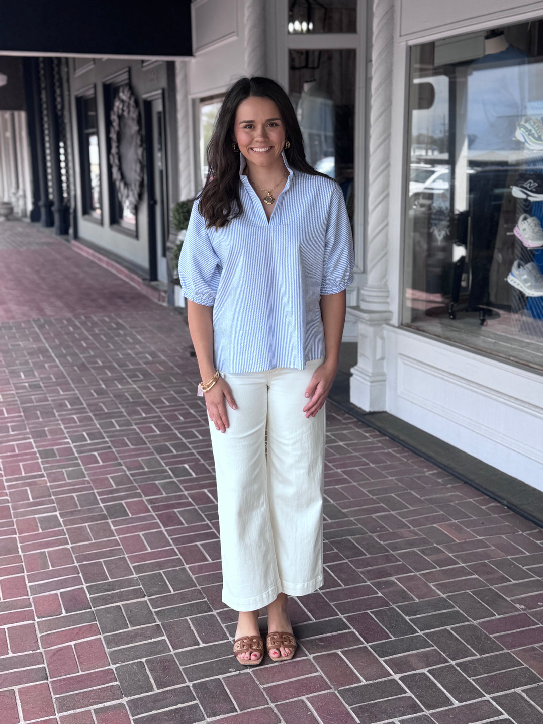 Sloan Stand Collar Top in Sky Seer Pinstripe
