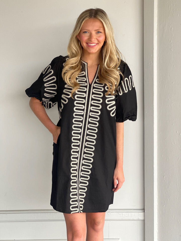 Puff Sleeve Embroidered Dress in Black
