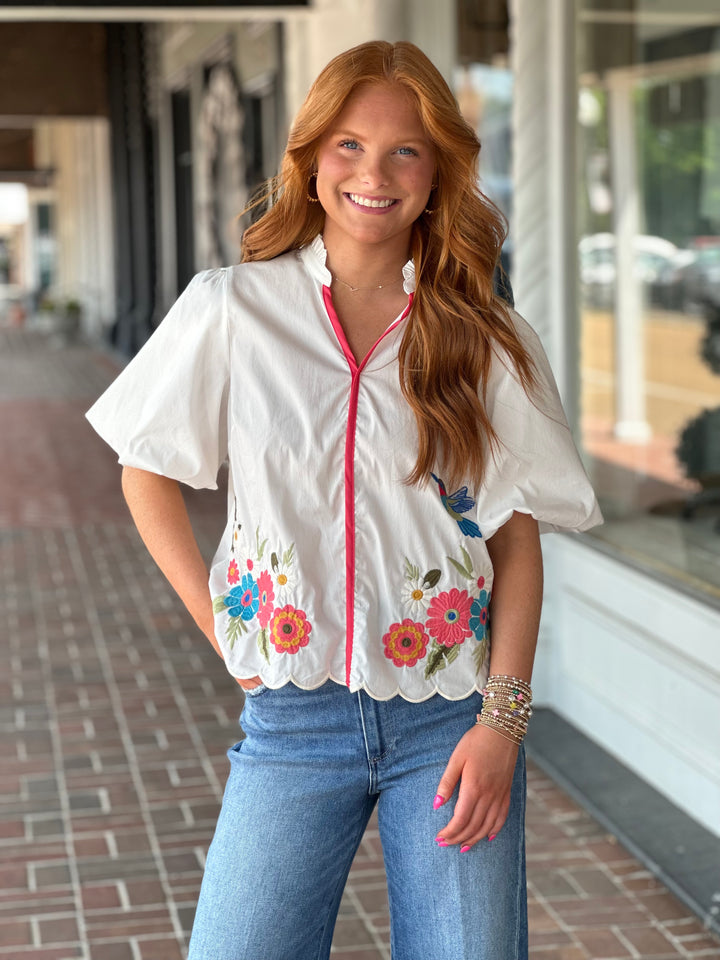 White Pipping Detail Floral Hummingbird Embroidered Top