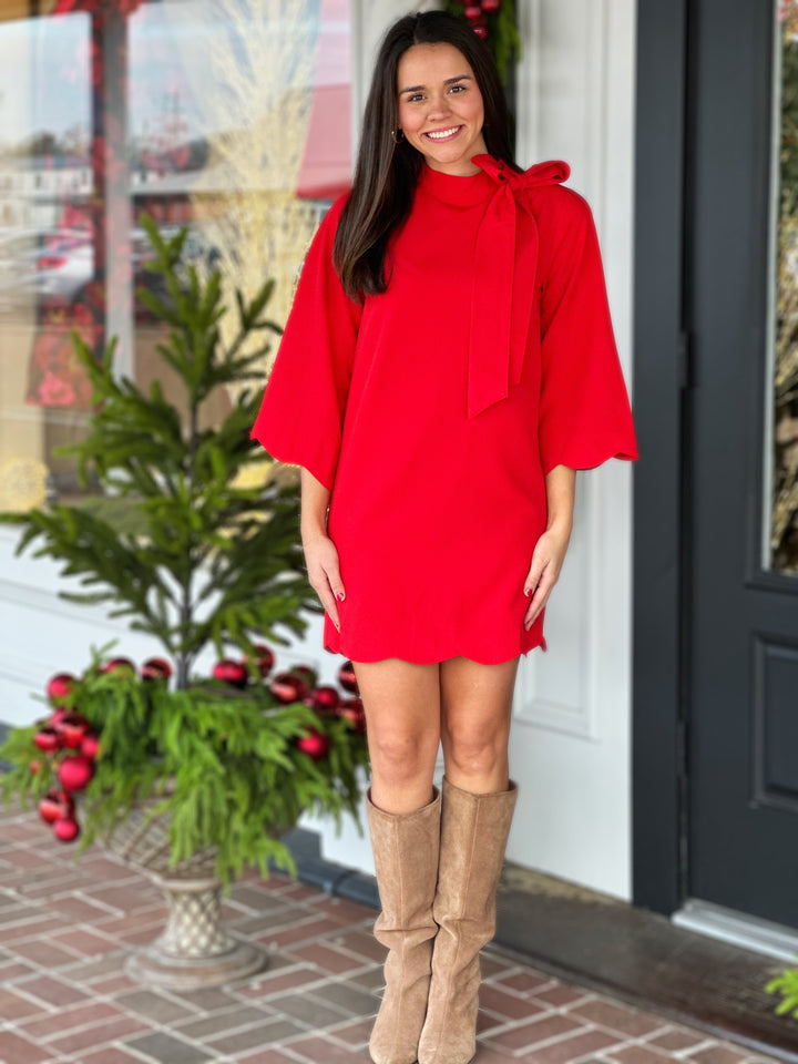 Red High Neck Scalloped Mini Dress