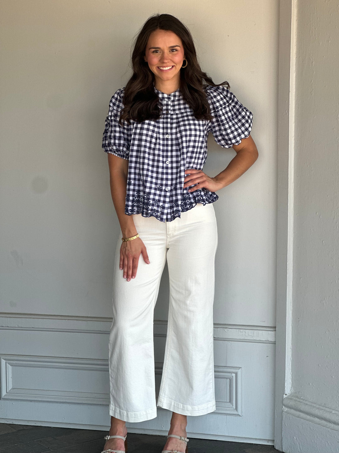 Abbie Gingham Puff Sleeve Top in Navy