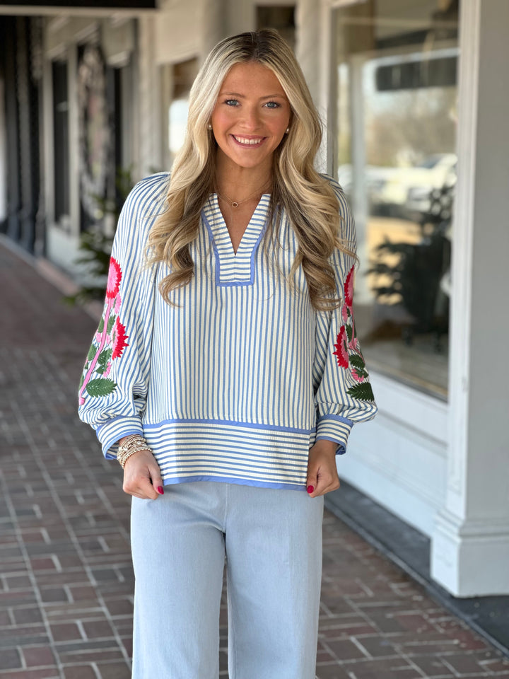 Stripe Puff Sleeve Floral Top in Blue