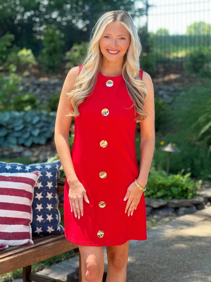 Sleeveless Button Down Mini Dress in Red