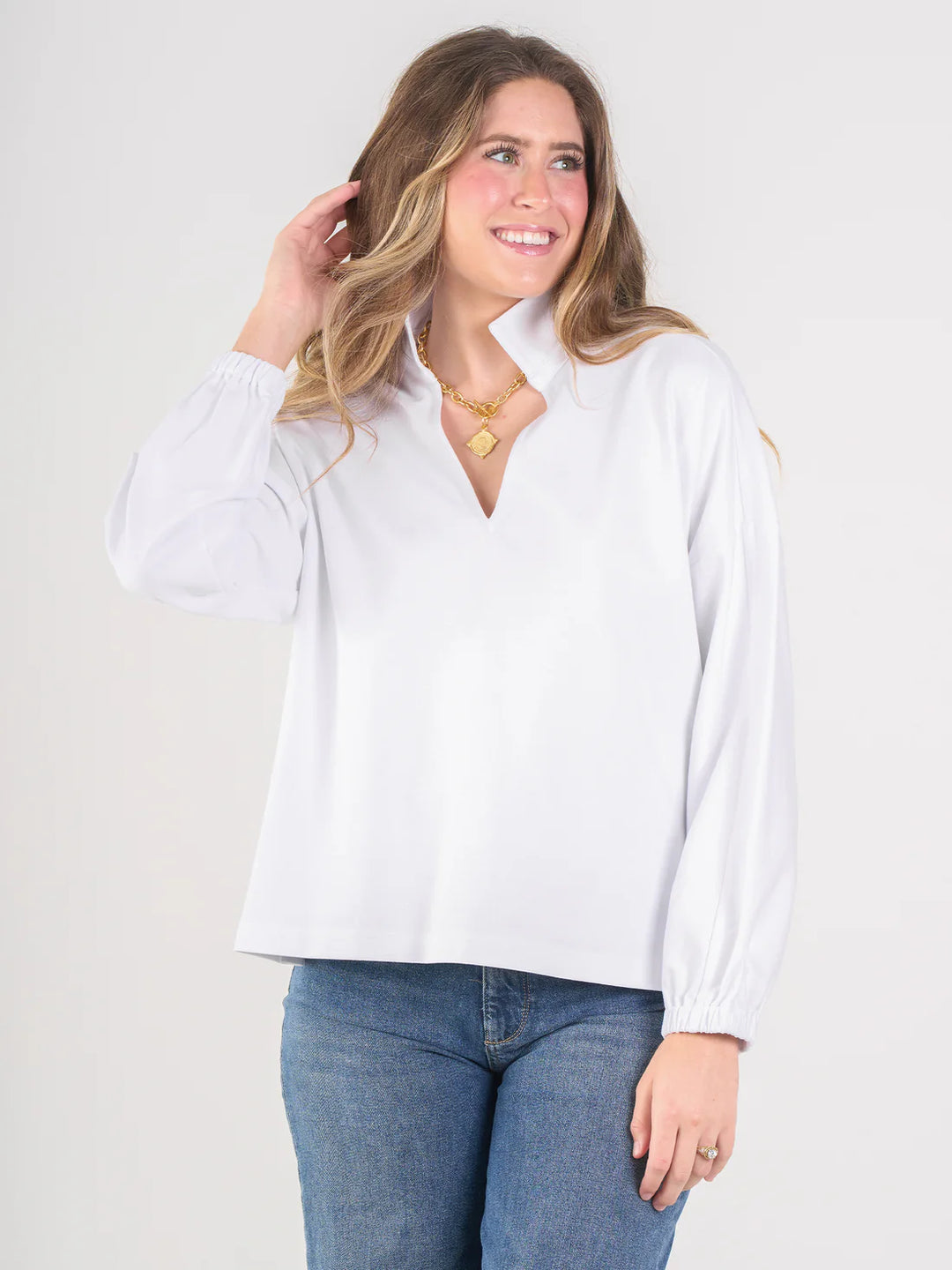 Emily McCarthy Poppy Pullover Long Sleeve in White Ponte