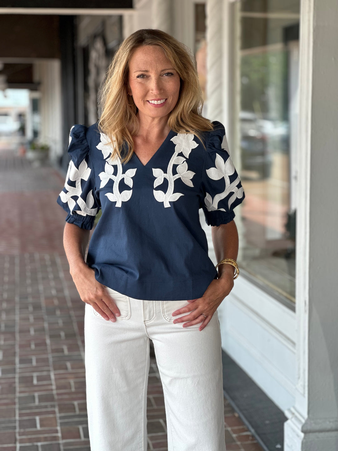 Navy Puff Sleeve Top