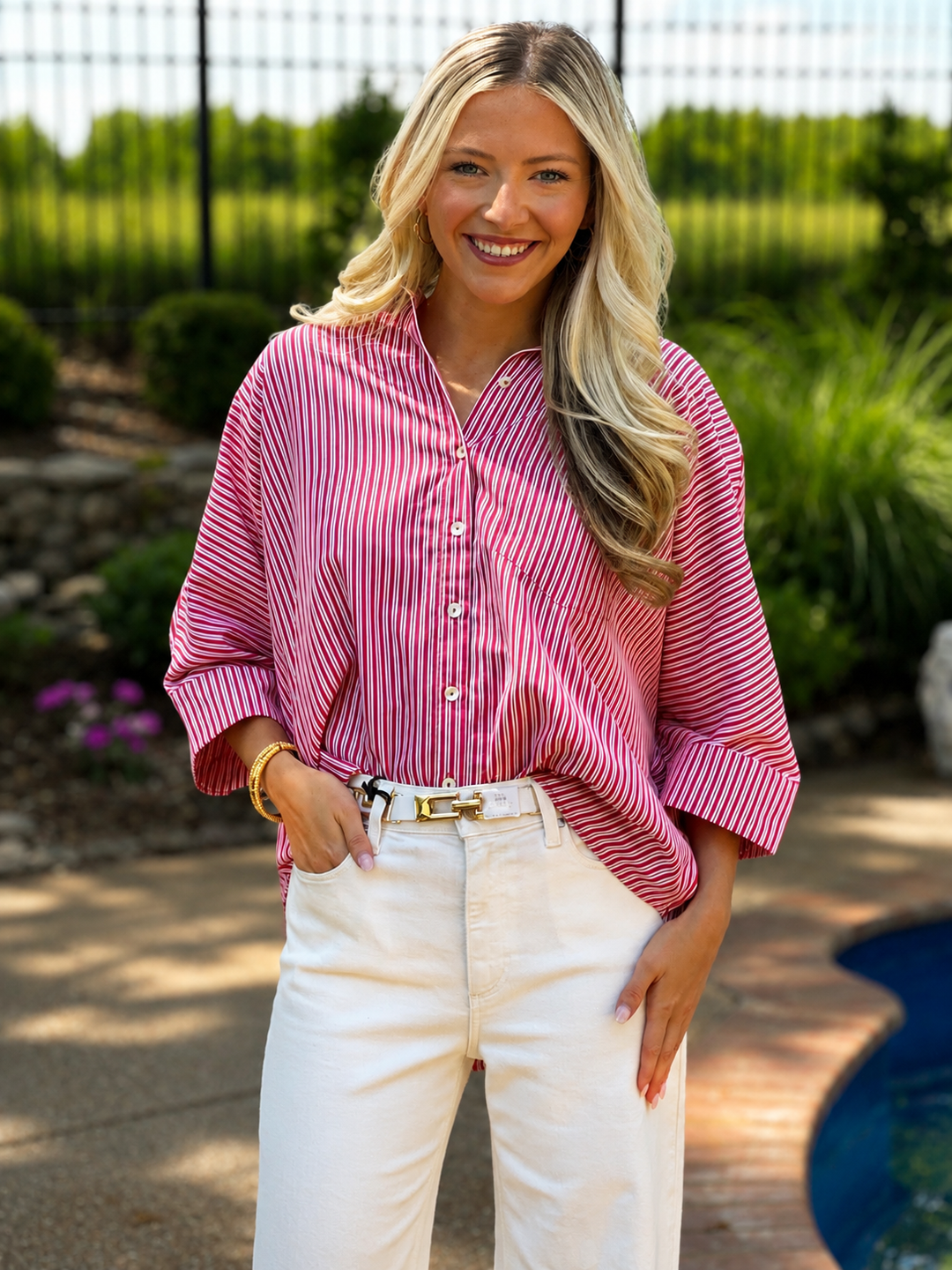 Red Stripe Elbow-Length Dolman Sleeve Top