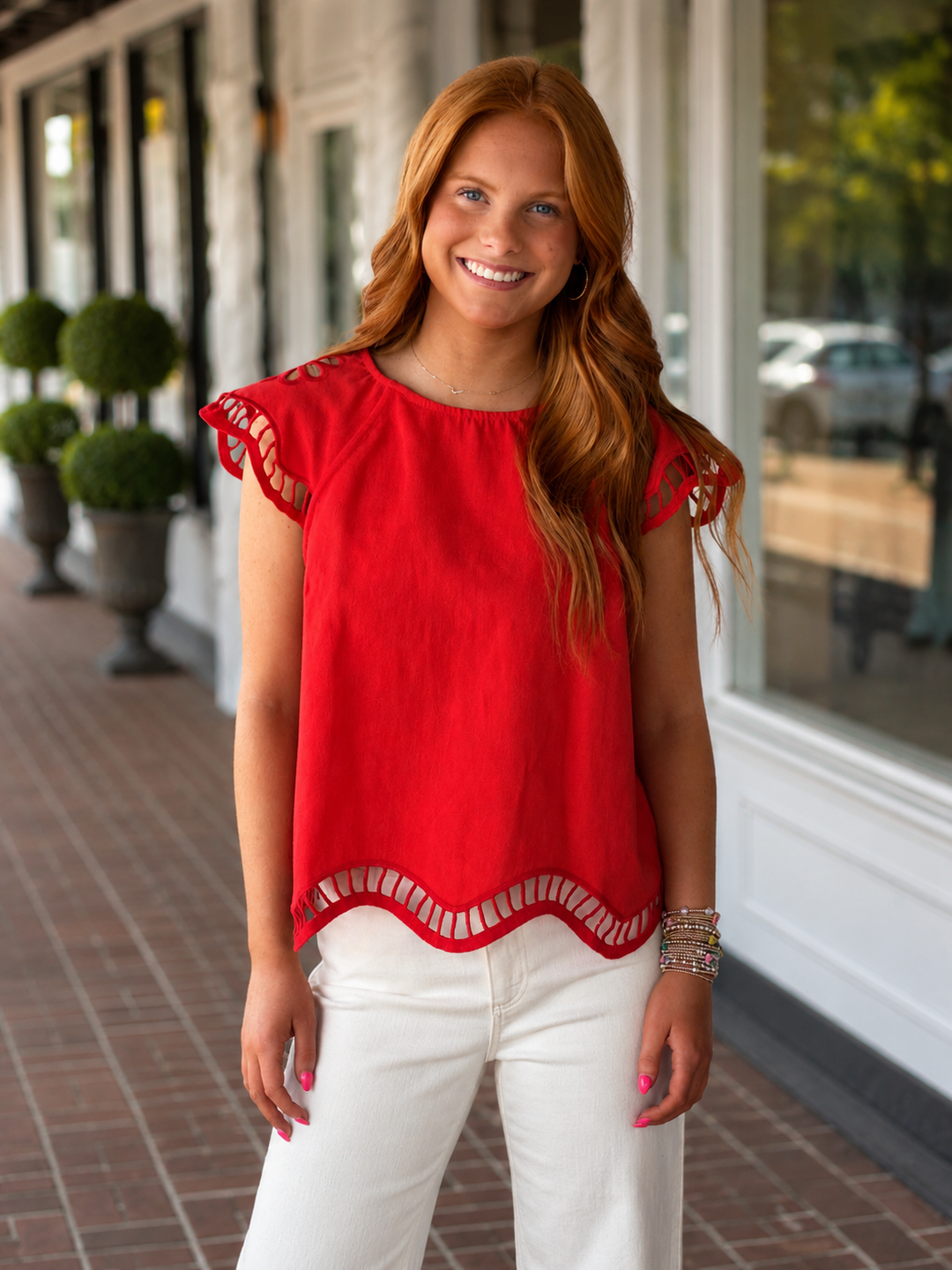 Embroidered Cut-Out Cap Sleeve Top in Tomato Red
