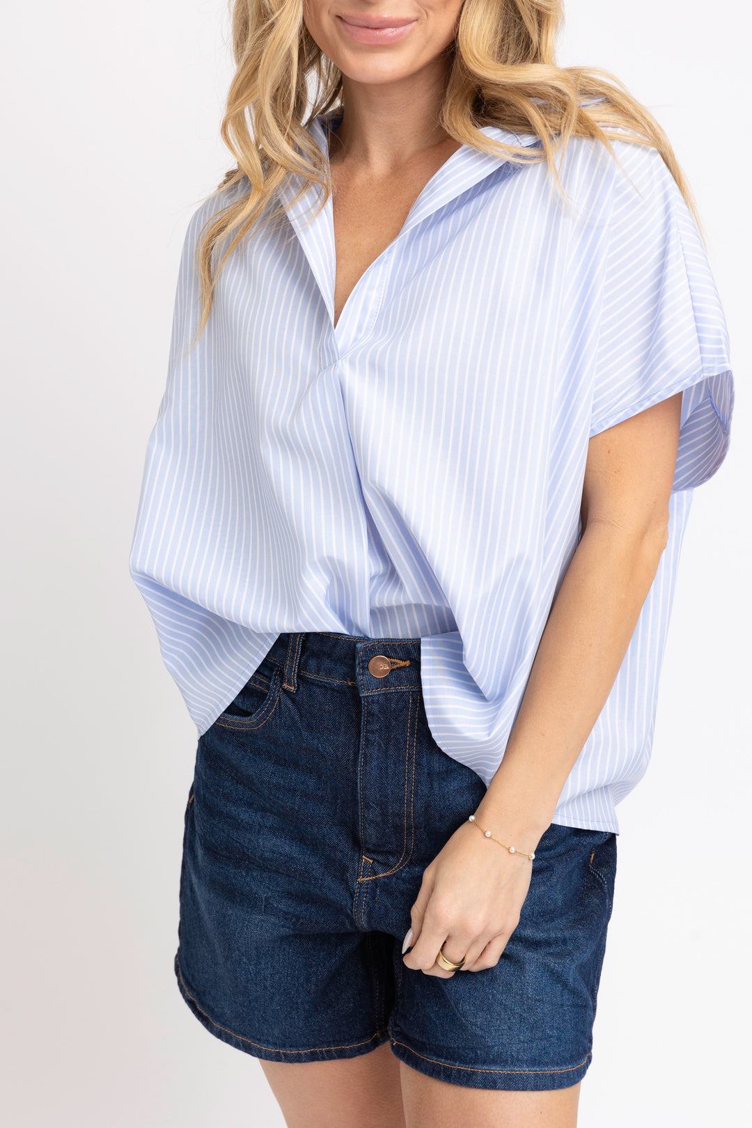 Blue Stripe V-Neck Collar Top