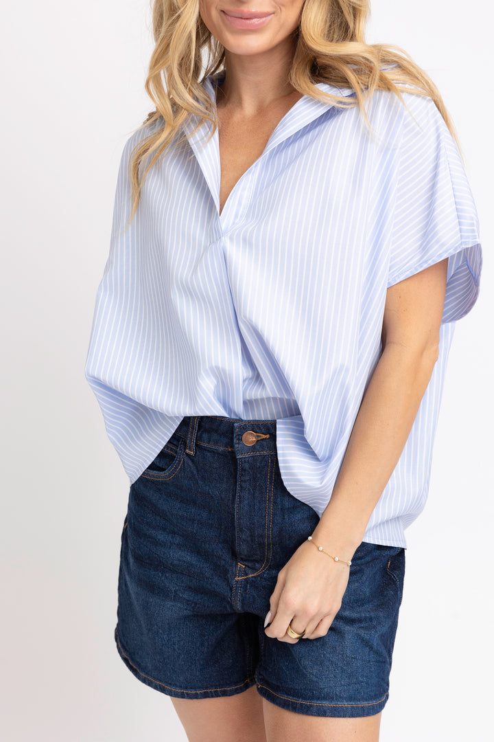 Blue Stripe V-Neck Collar Top