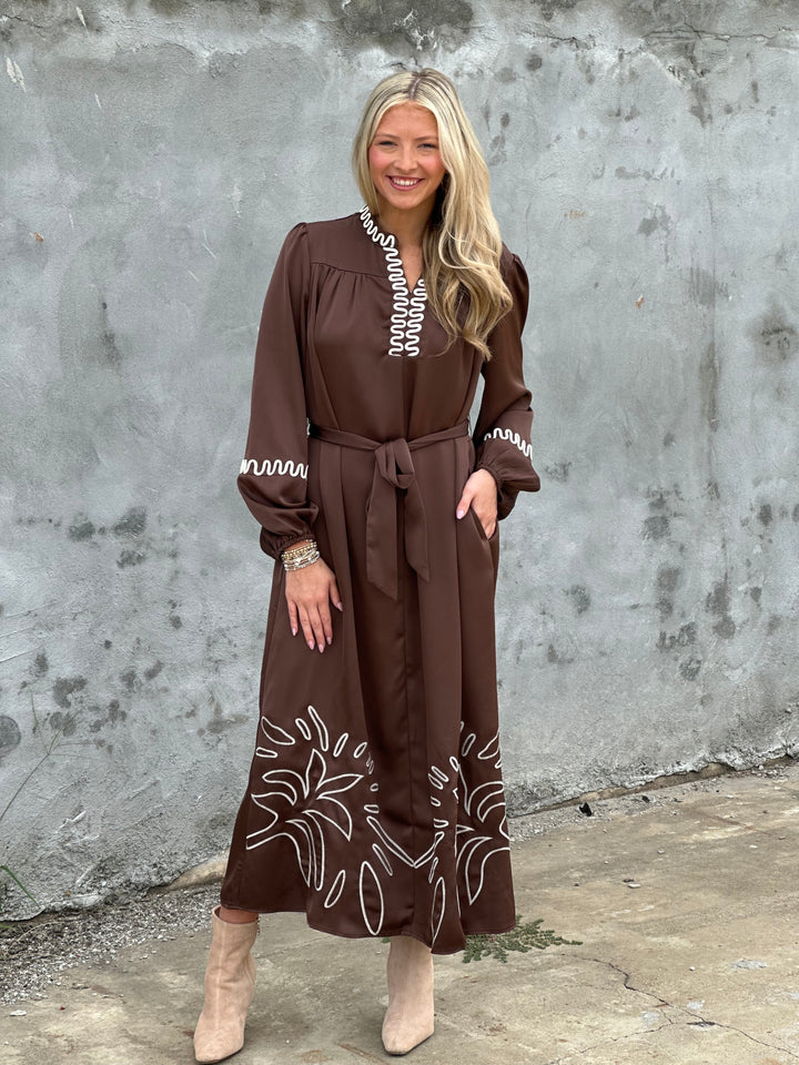 Brown Long Sleeve Embroidered Maxi Dress