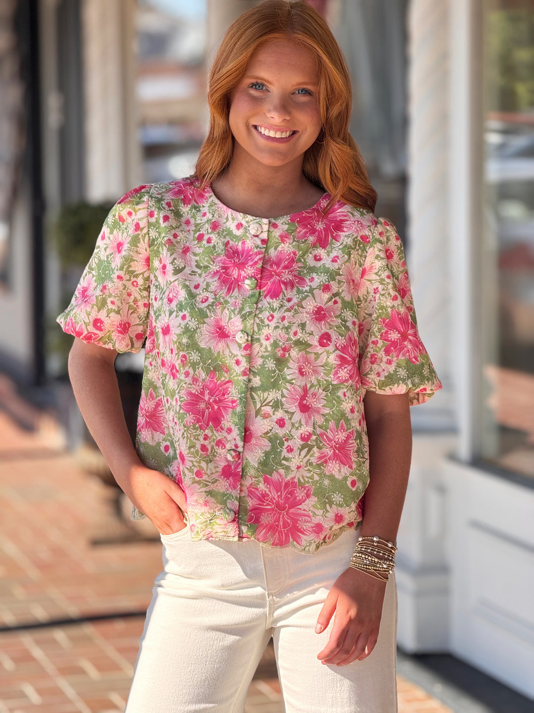 Scallop Hem Button Down Embroidered Floral Print Top